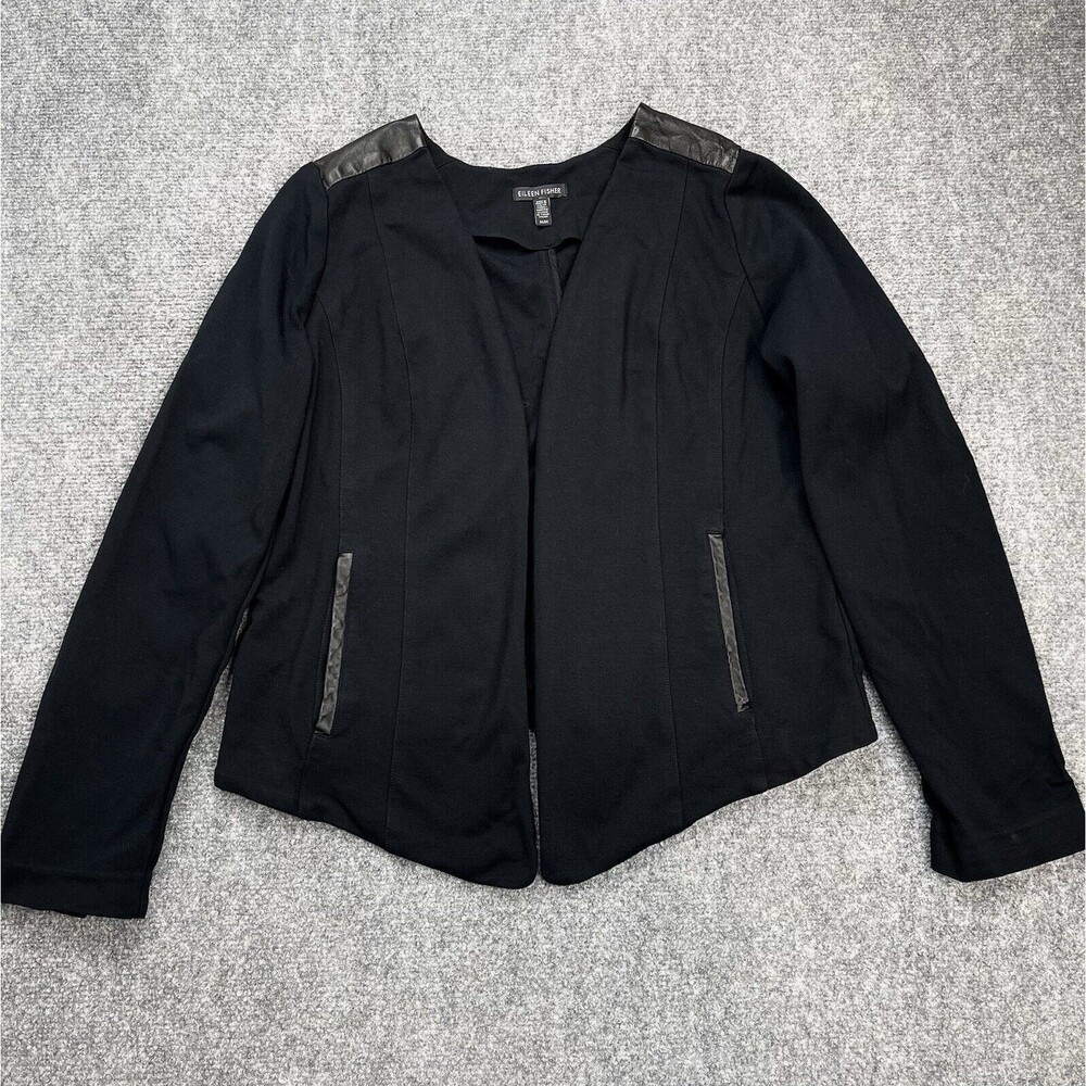 Eileen Fisher Jacket Womens Medium Stretch Viscose Ponte Leather Trim Black - Picture 5 of 10